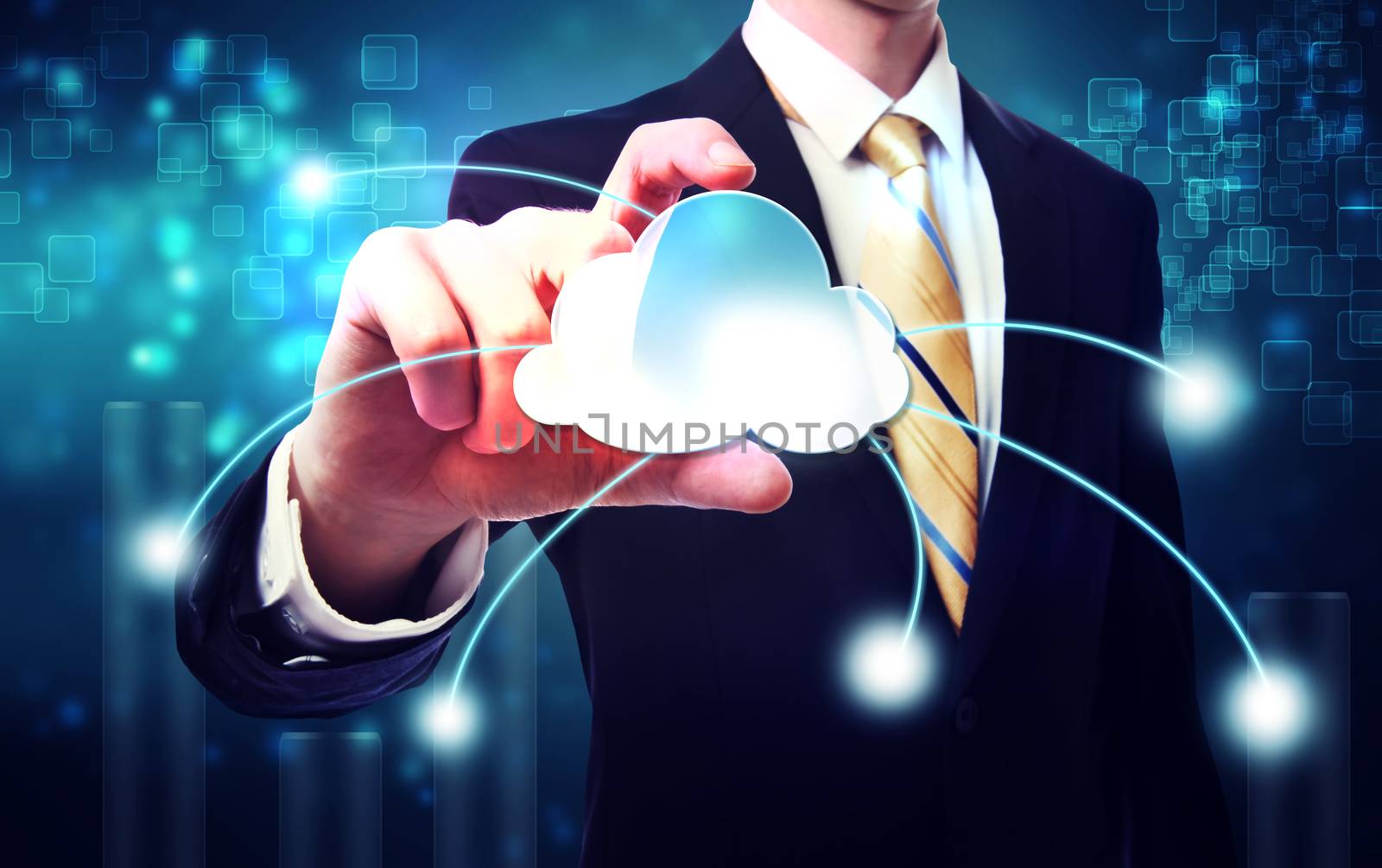 Business man with cloud computing concept on blue technology background