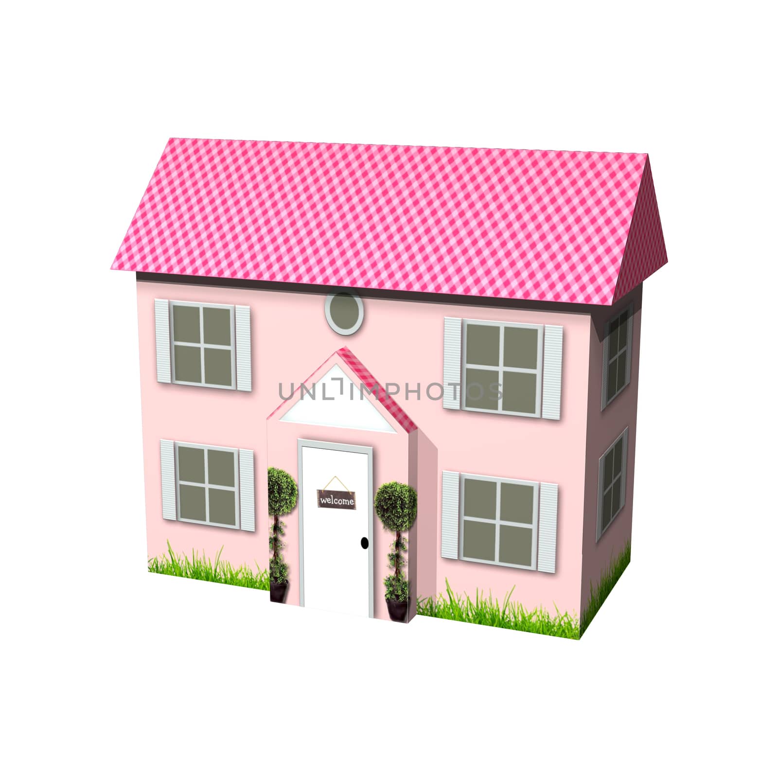 3D digital render of a cute pink cardboard house isolated on white background