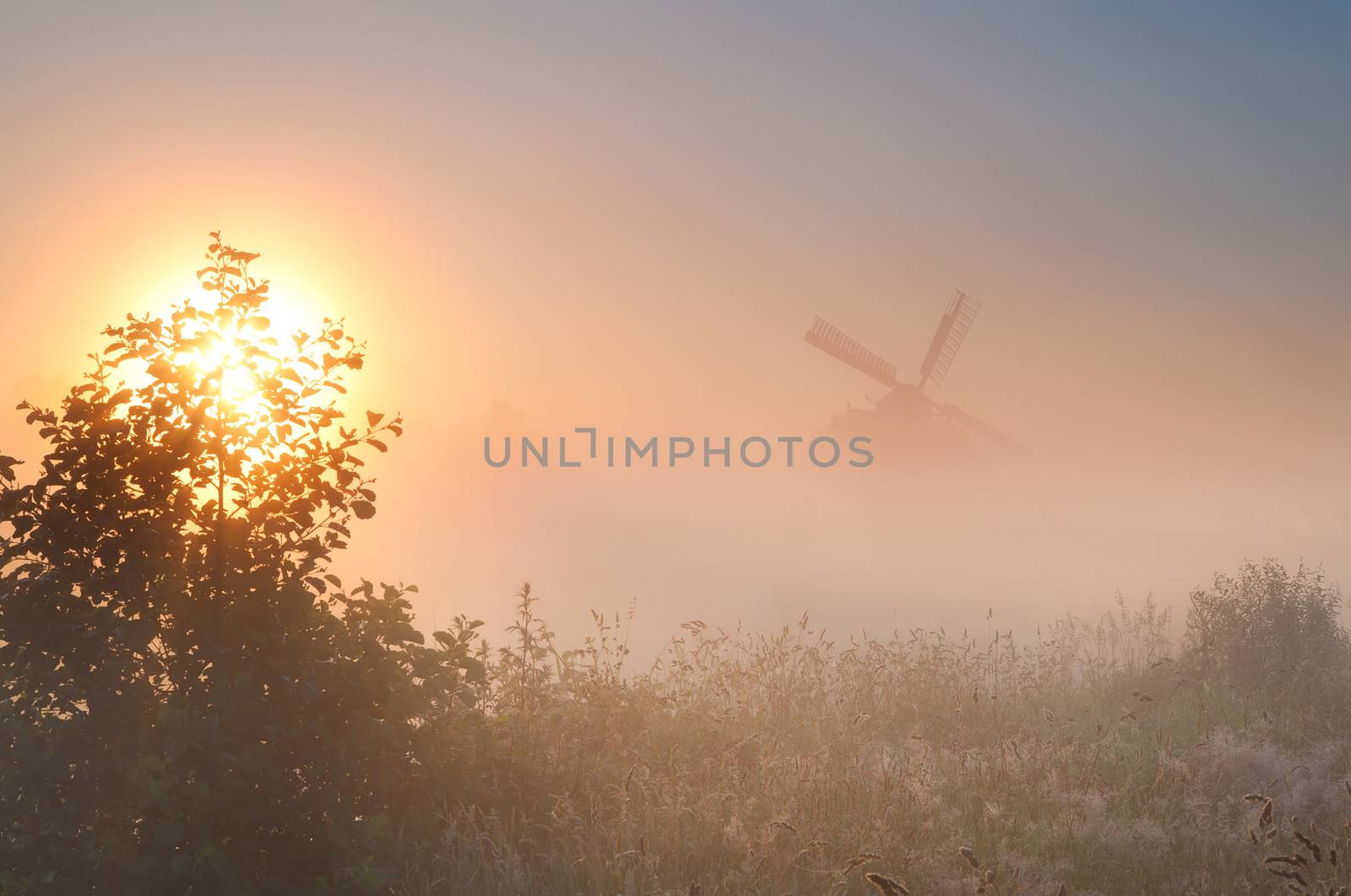Dutch windmill and sun in fog at sunrise, Holland