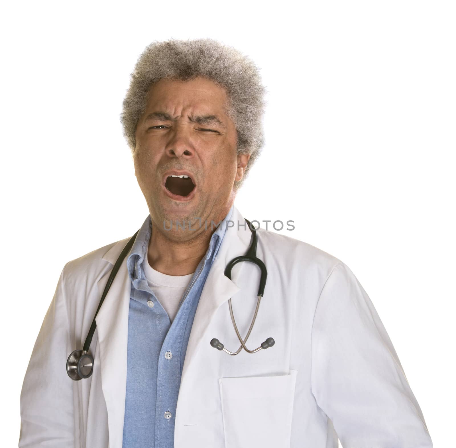Yawning Black doctor with stethoscope on white background