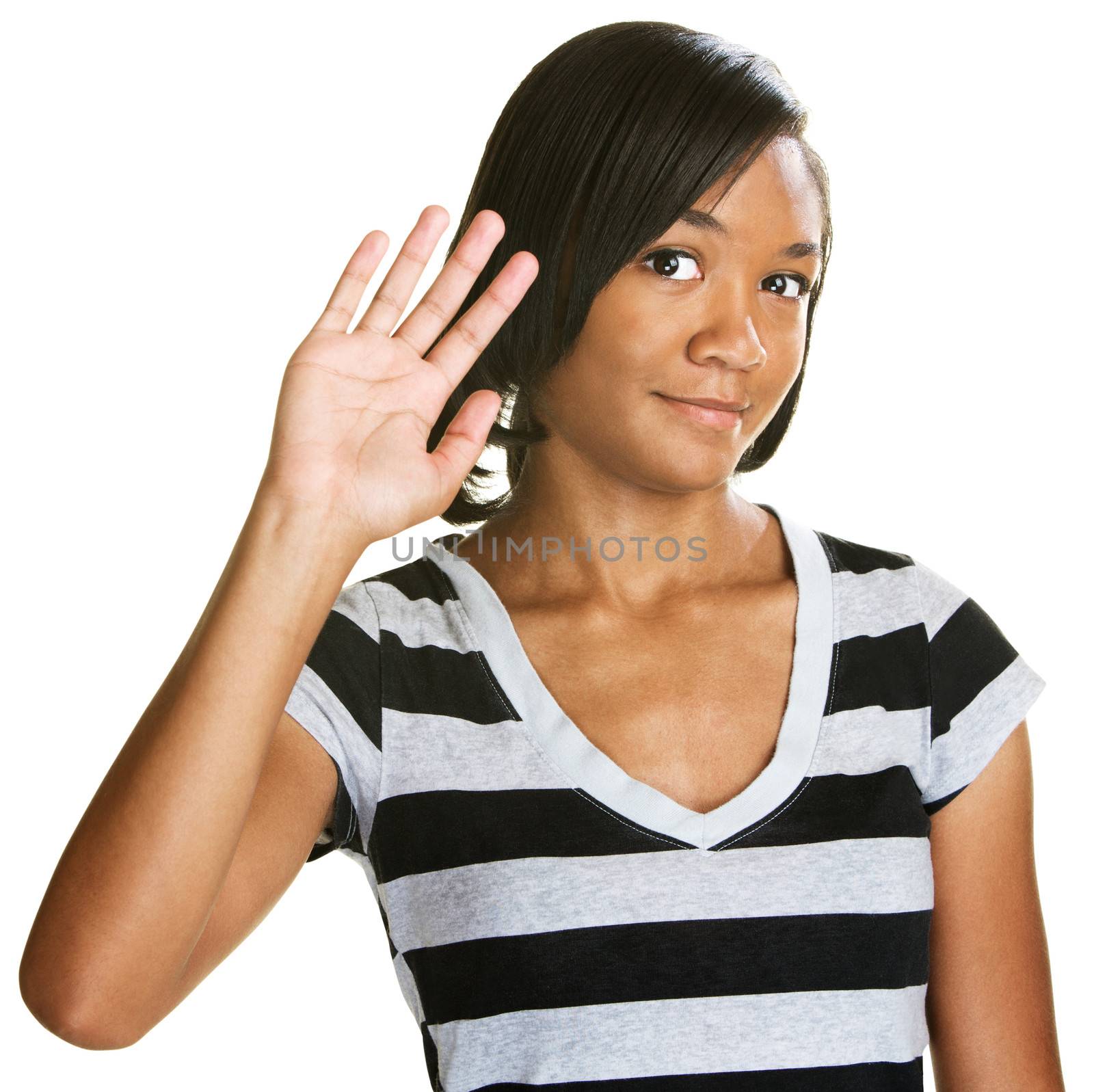 Single cute teenage female waving her hand