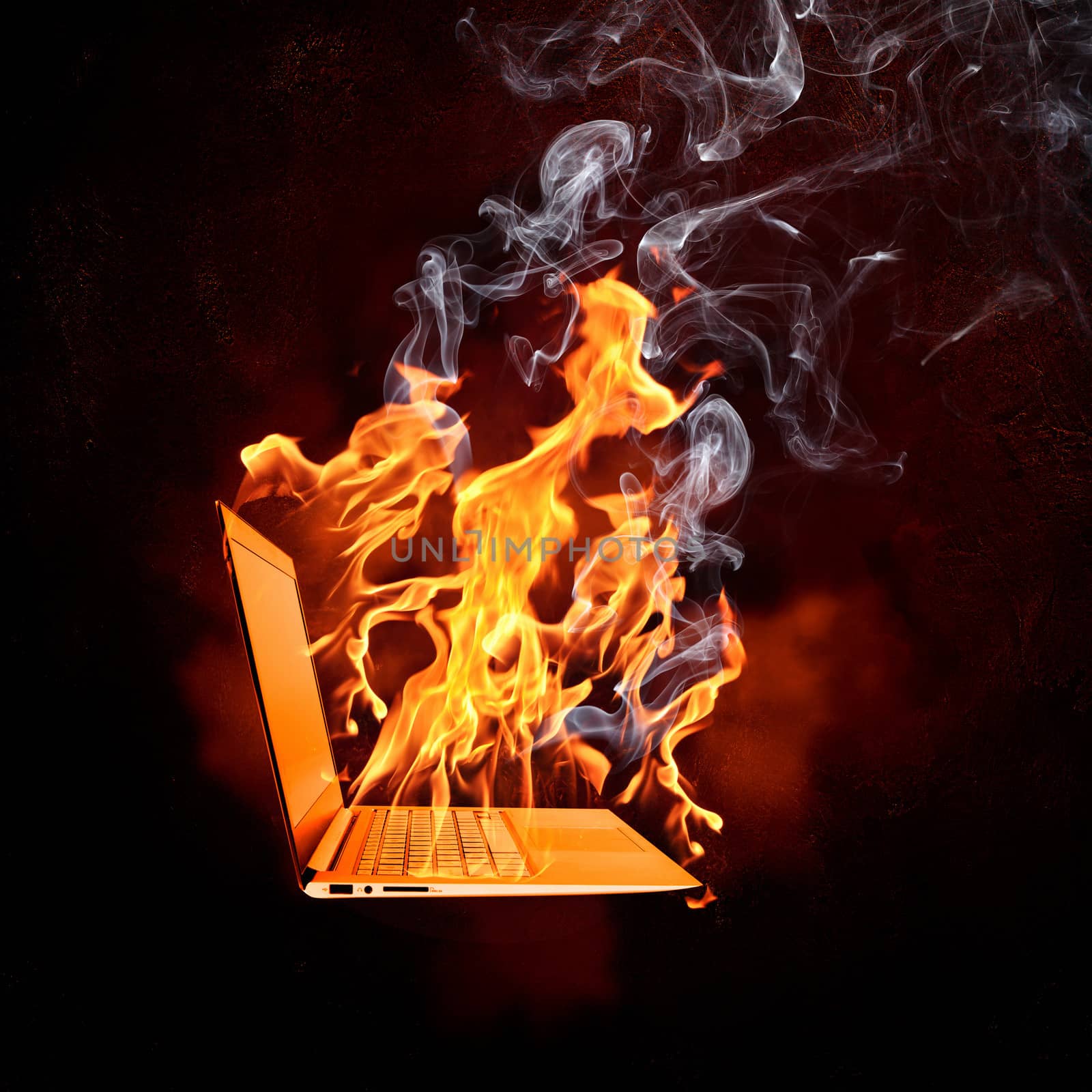 Illustration of burning laptop in fire flames