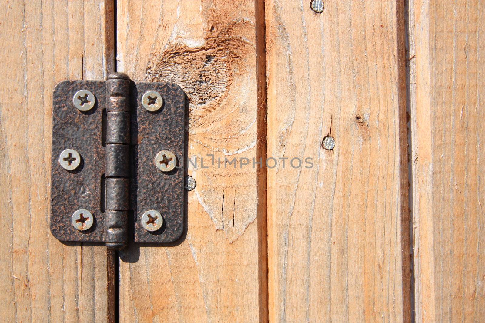 Vintage door hinge on wooden door
