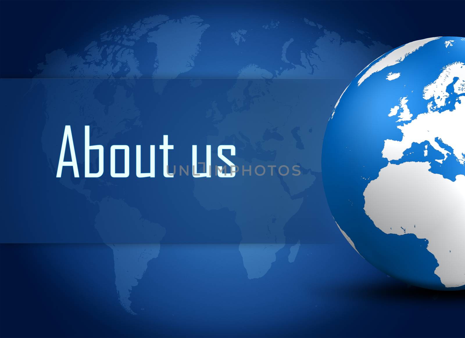 About us concept with globe on blue world map background