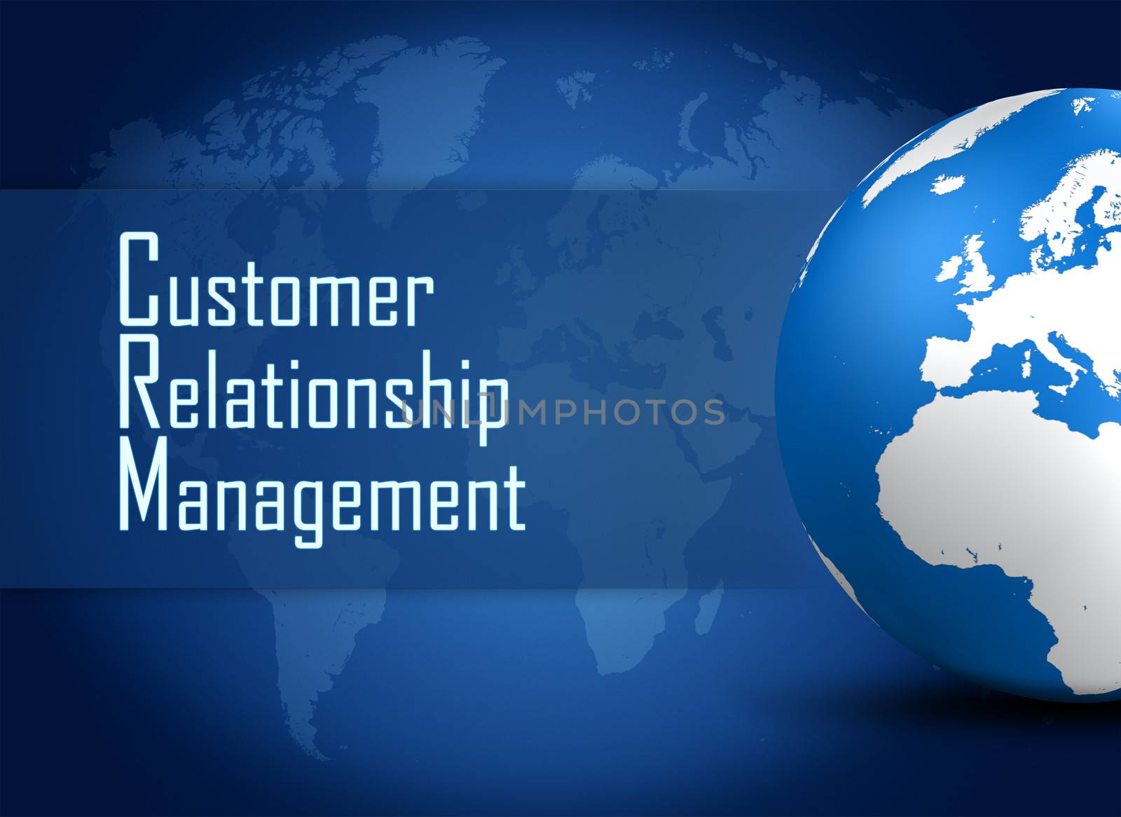 Customer Relationship Management concept with globe on blue world map background