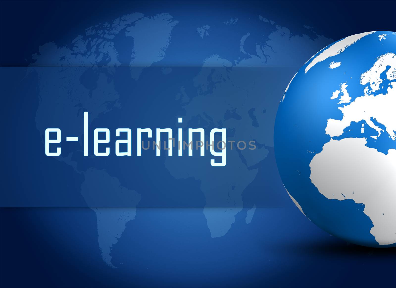 E-learning concept with globe on blue world map background