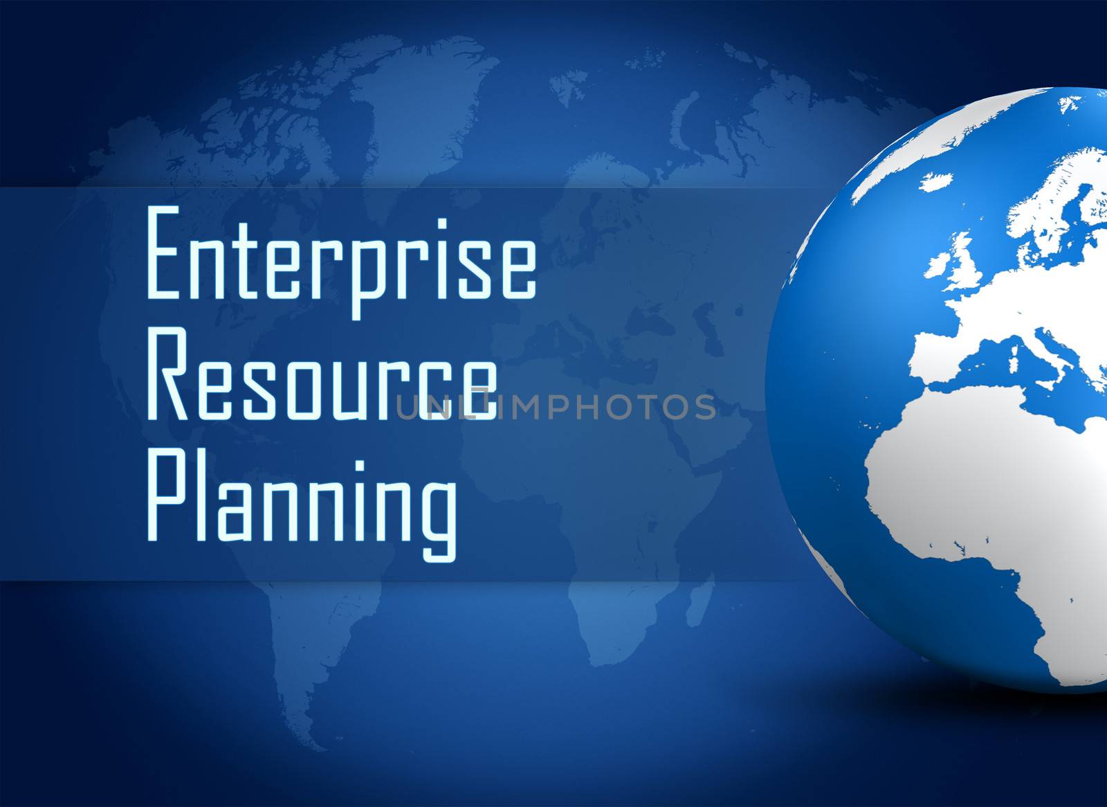 Enterprise Resource Planning concept with globe on blue world map background