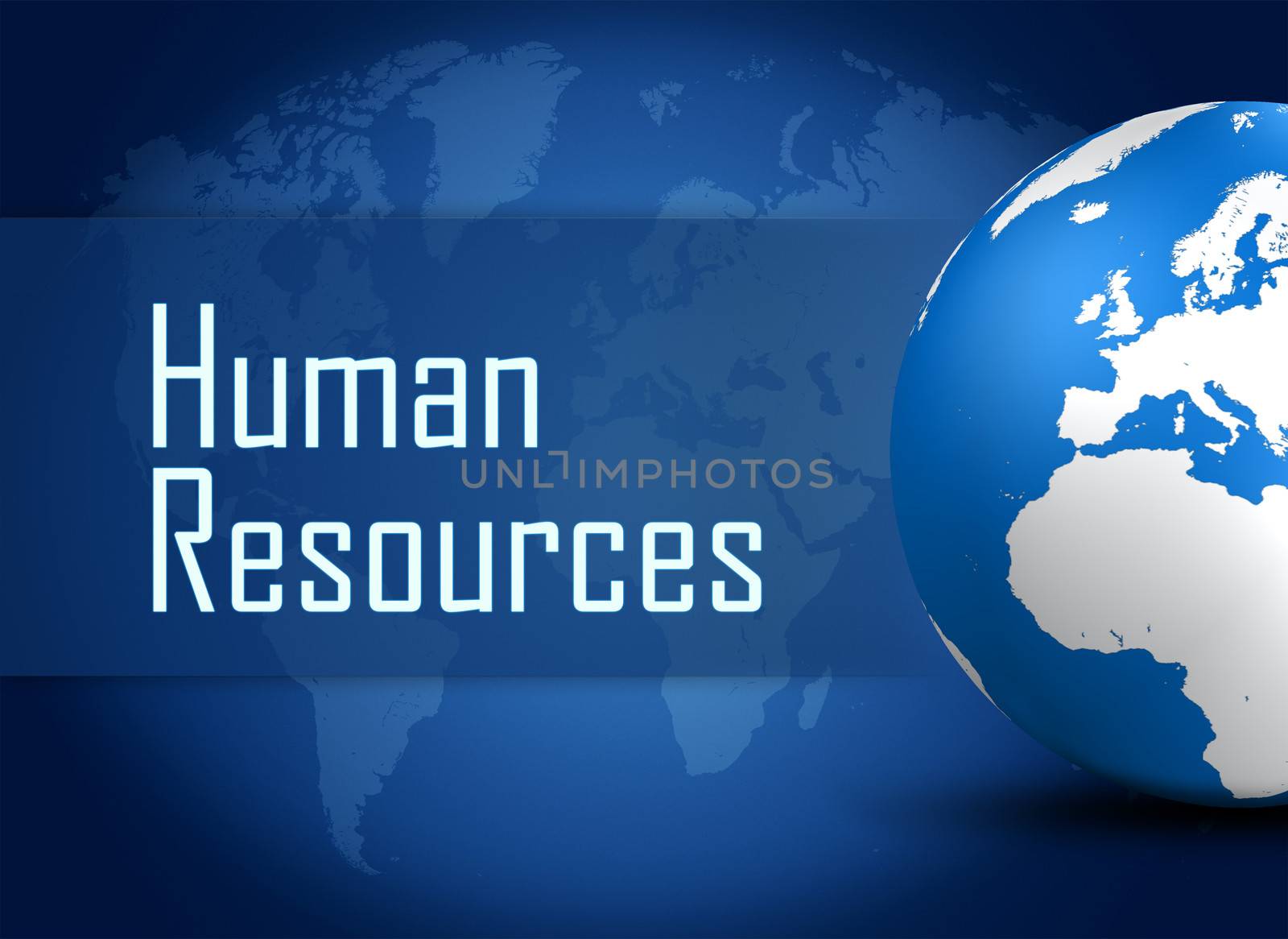 Human resources concept with globe on blue world map background