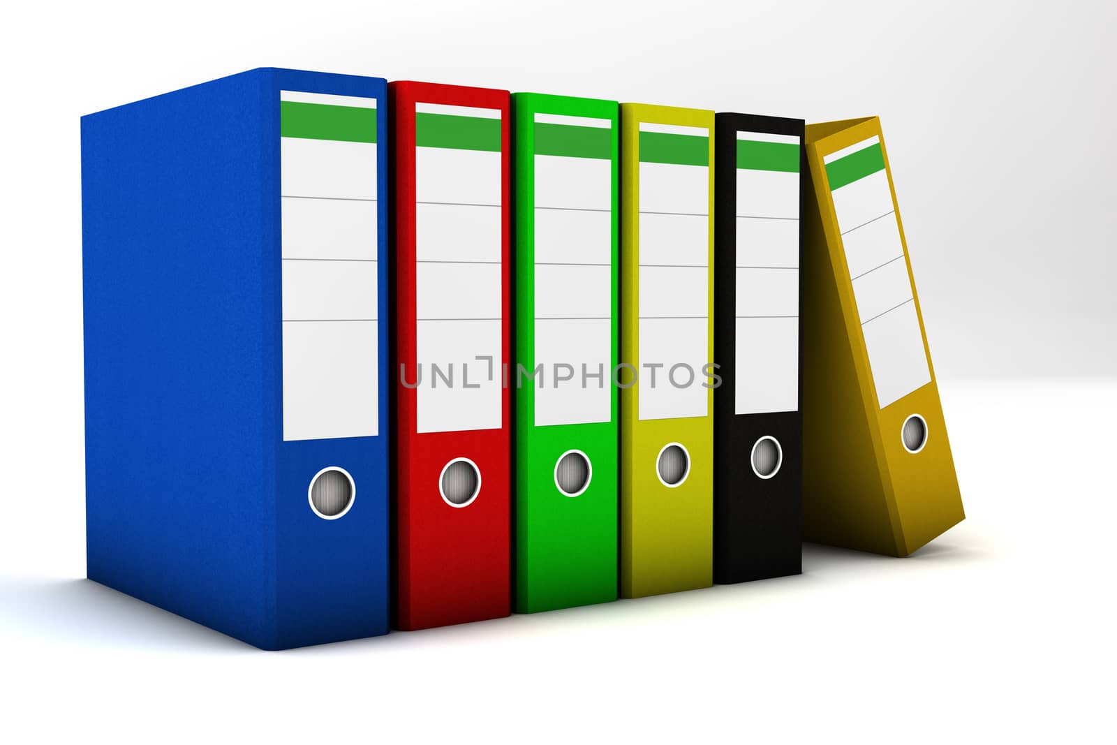 Colorful ring binder in a row on white background
