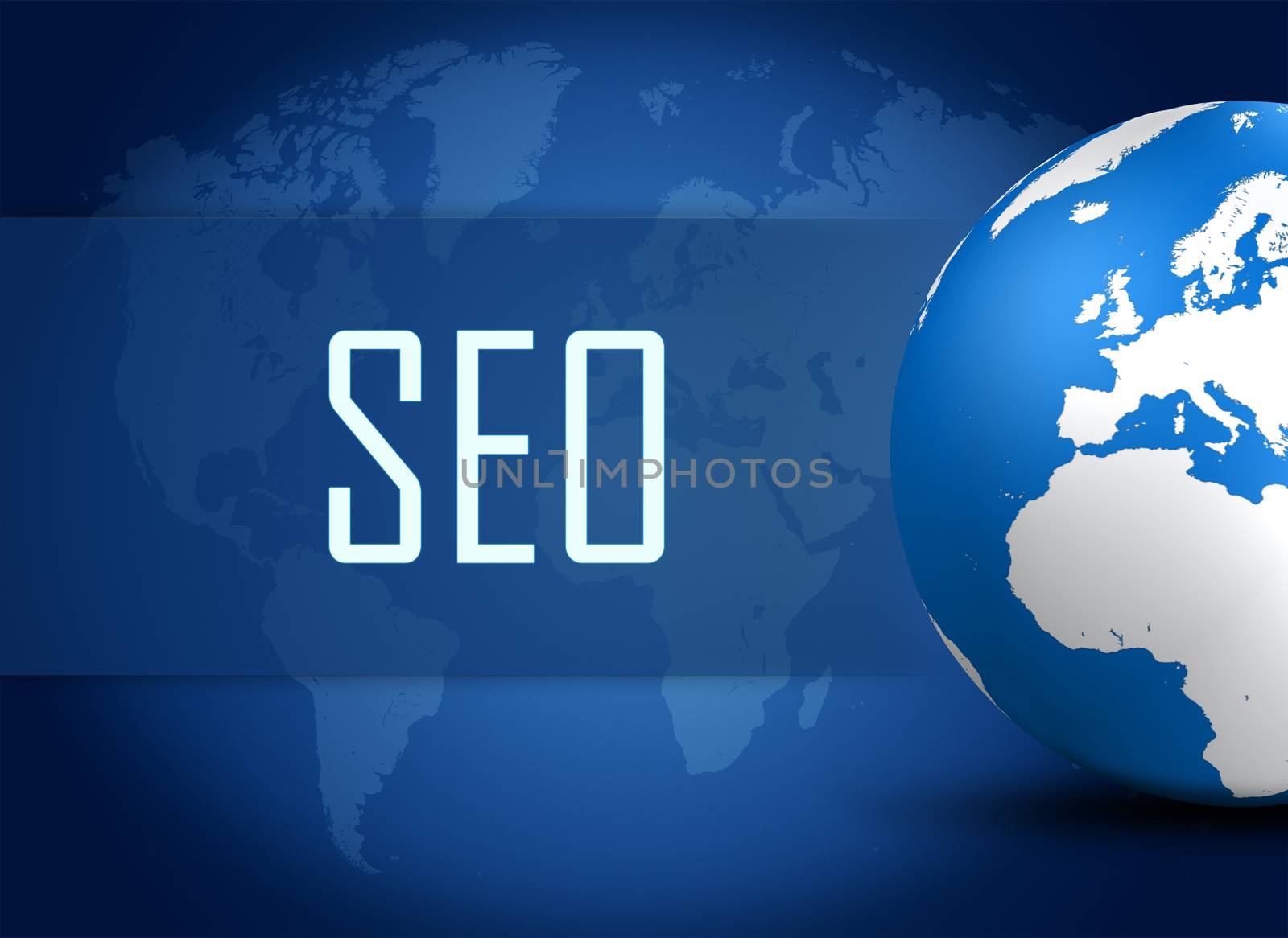 Search Engine Optimization concept with globe on blue world map background