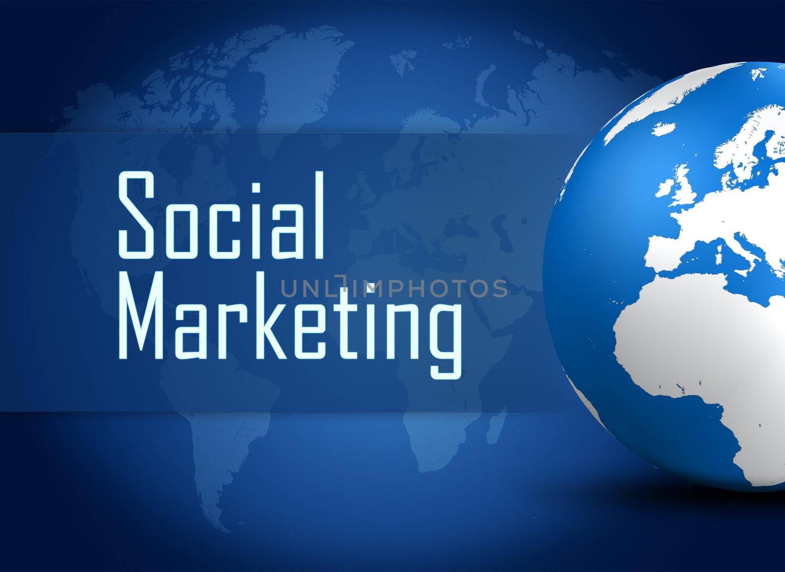 Social Marketing concept with globe on blue world map background