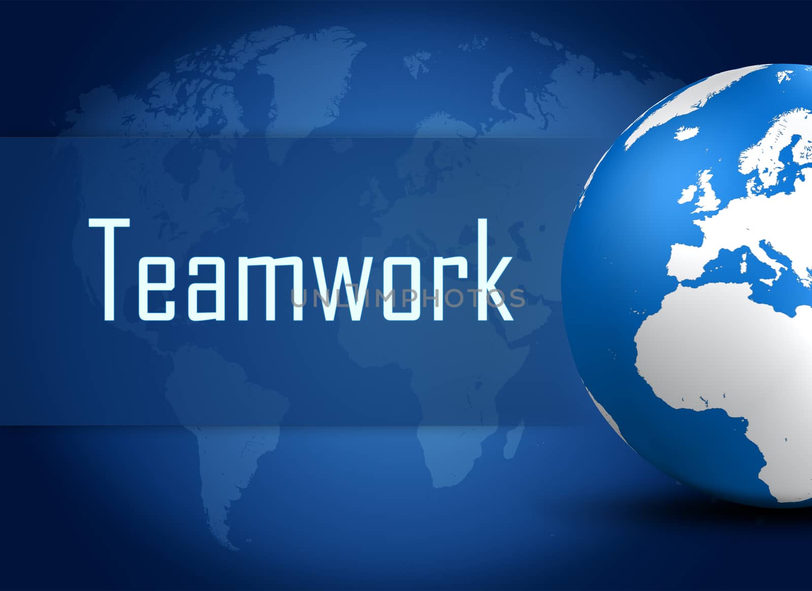 Teamwork concept with globe on blue world map background