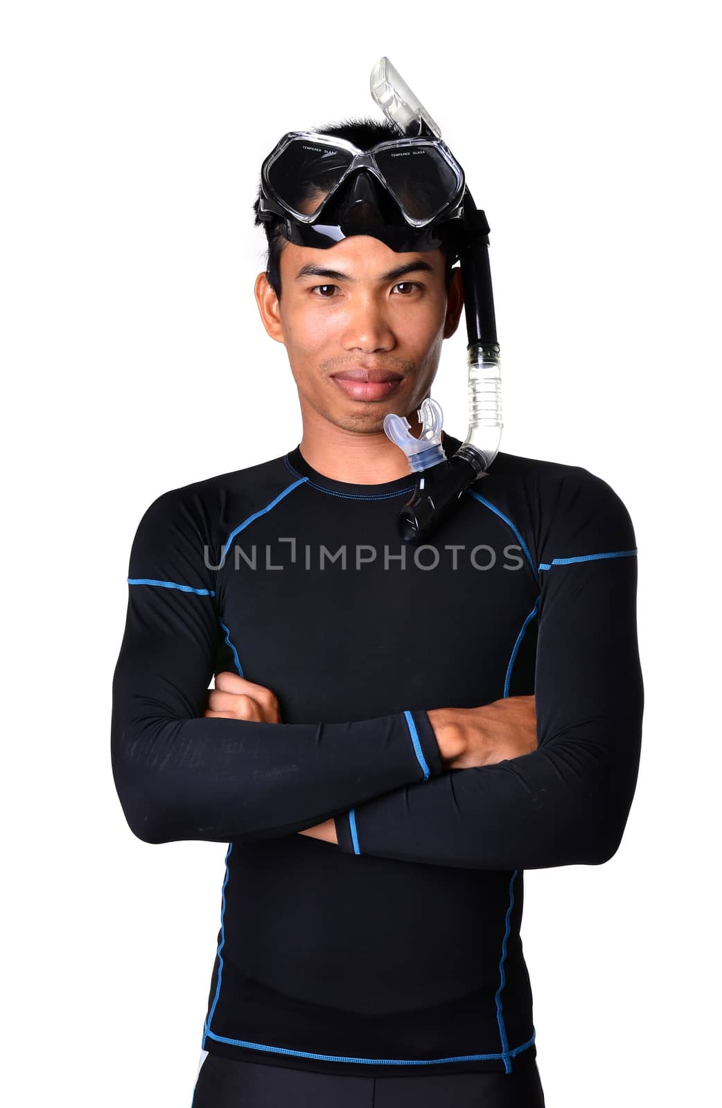 man with snorkeling equipment isolated on white background