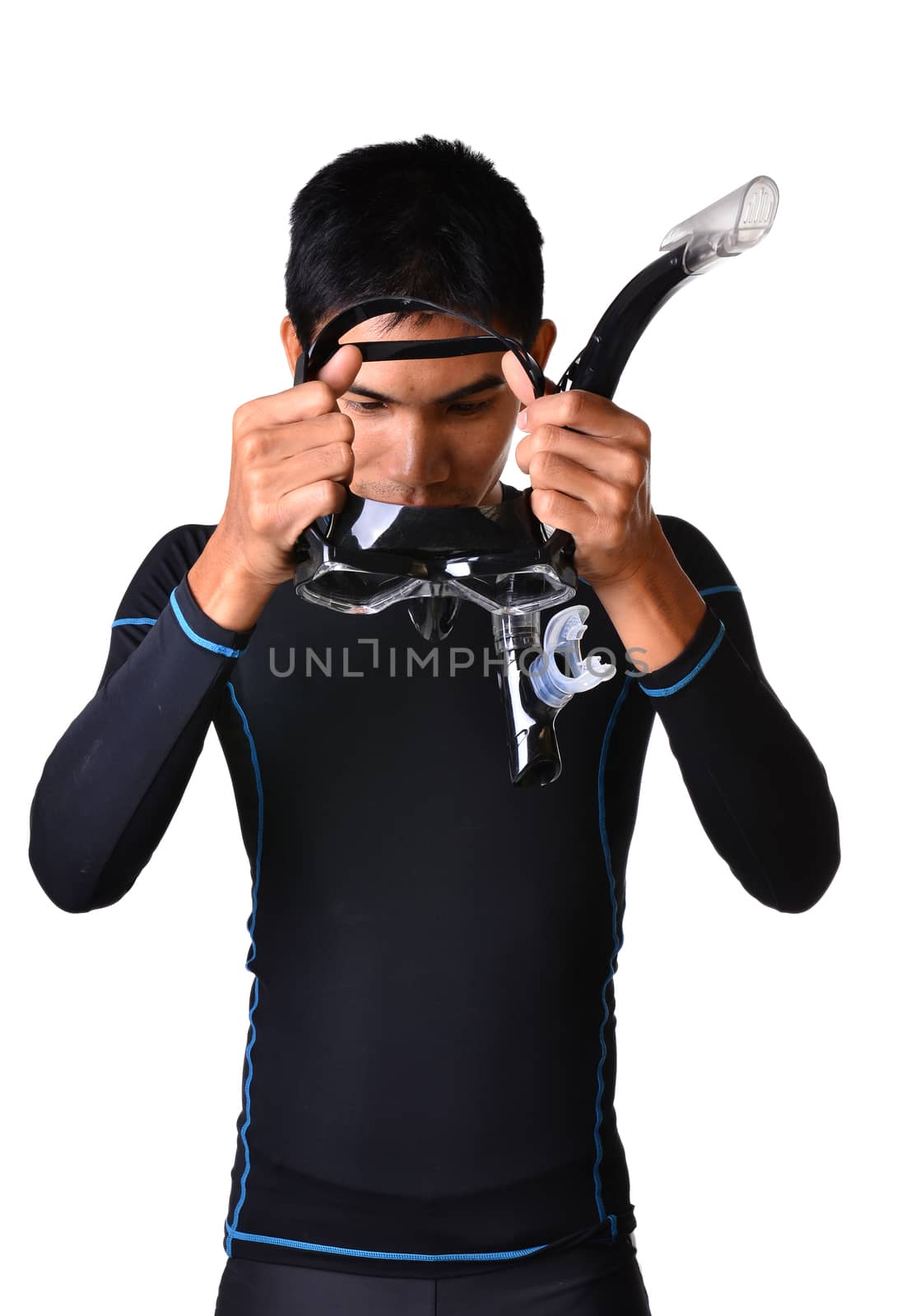 man with snorkeling equipment isolated on white background