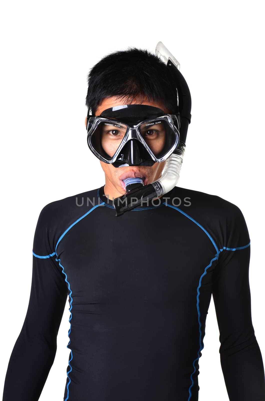 man with snorkeling equipment isolated on white background