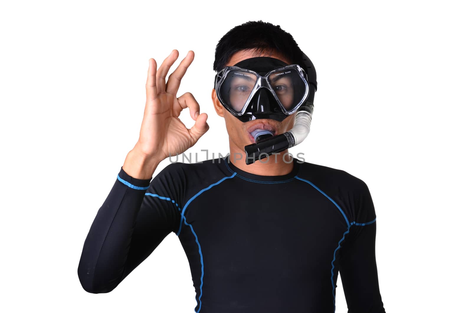 man with snorkeling equipment isolated on white background