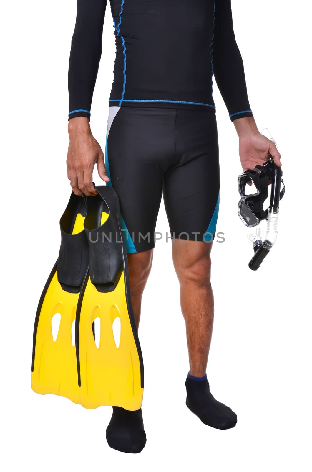 man with snorkeling equipment isolated on white background