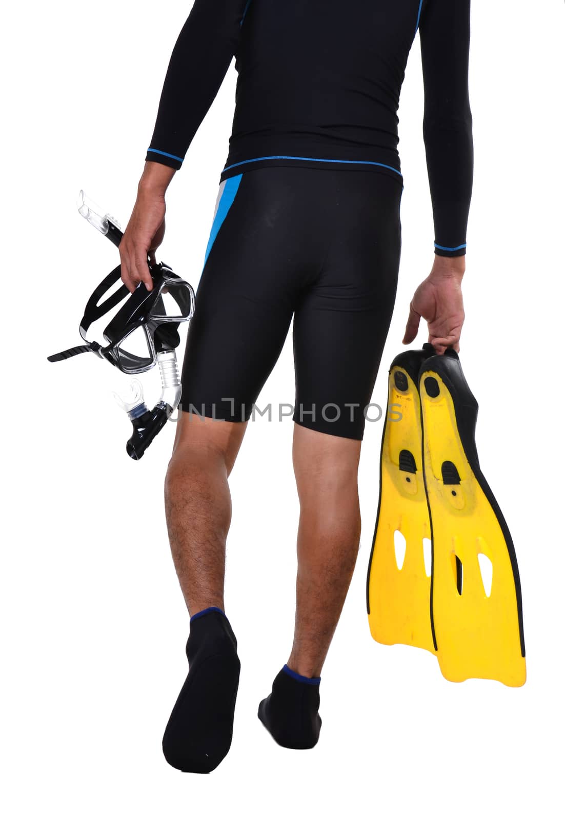 man with snorkeling equipment isolated on white background