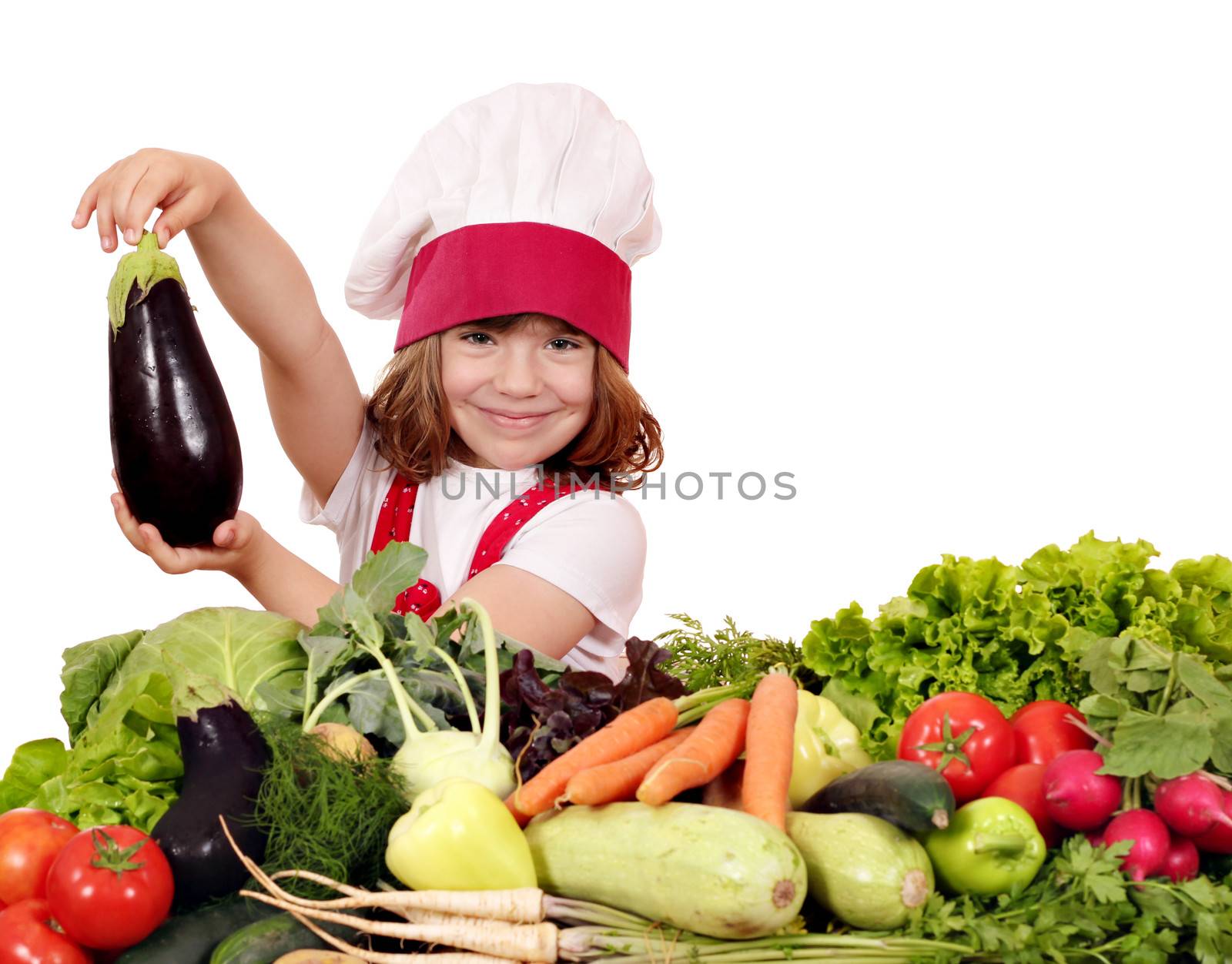 little girl cook holding aubergine by goce