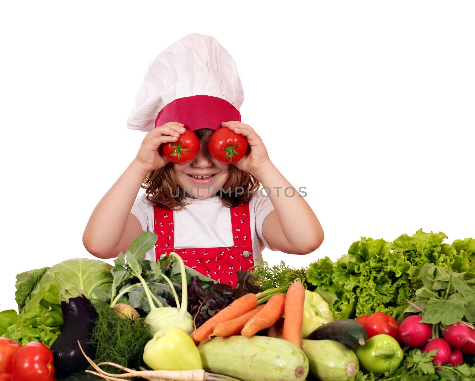 little girl cook with tomato eyes
