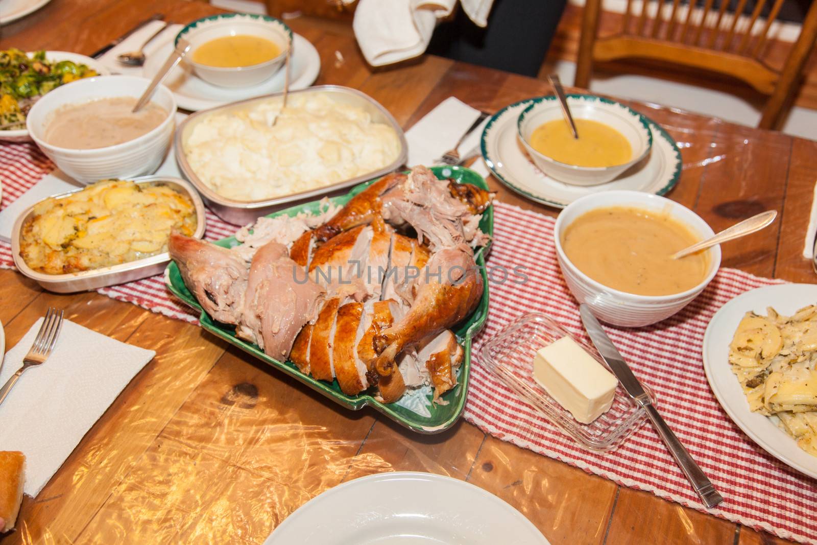 The majority of the dishes in the traditional American version of Thanksgiving dinner are made from foods native to the New World, as according to tradition the Pilgrims received these foods from the Native Americans.