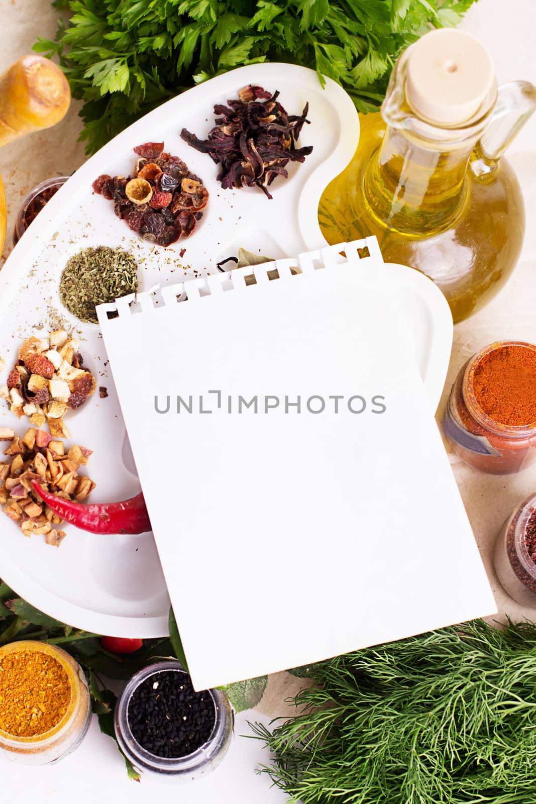 Blank notebook sheet with spices and herbs by Angel_a