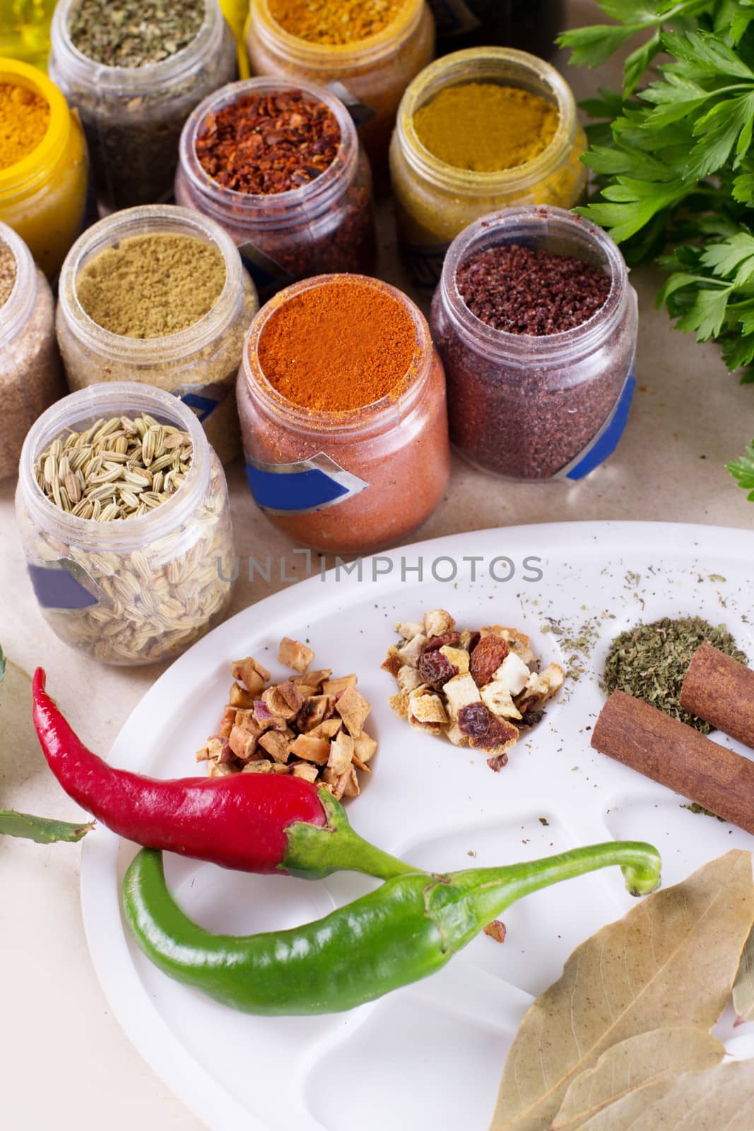 Spices and dry tea in boxes and palette by Angel_a