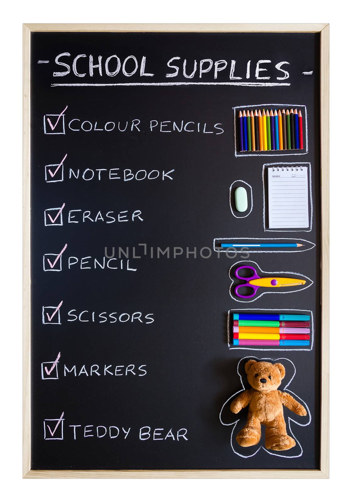Checklist of school supplies over blackboard background