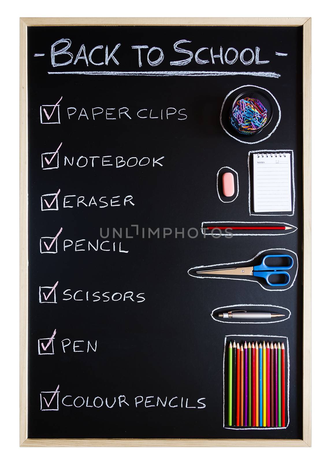 Checklist of school supplies over blackboard background