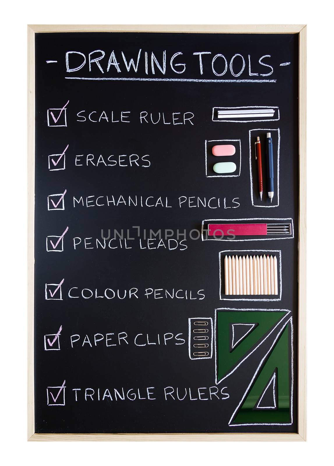 Checklist of drawing tools over blackboard background