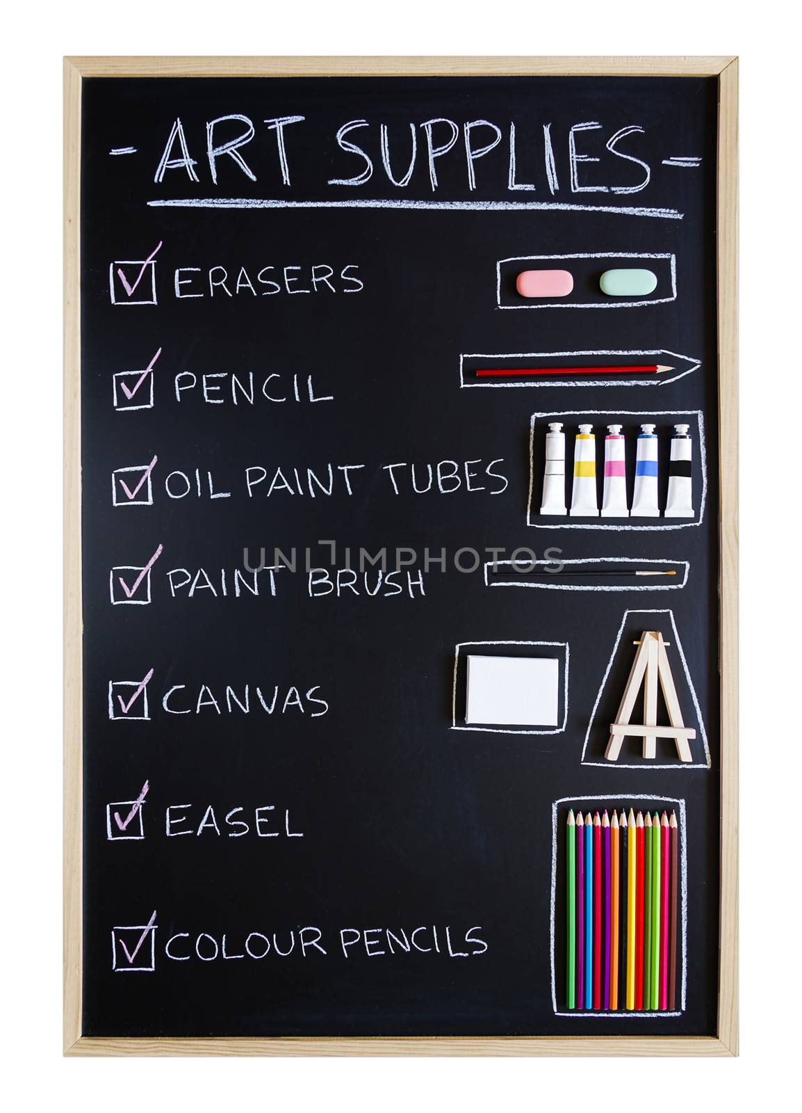 Art supplies over blackboard background by doble.d