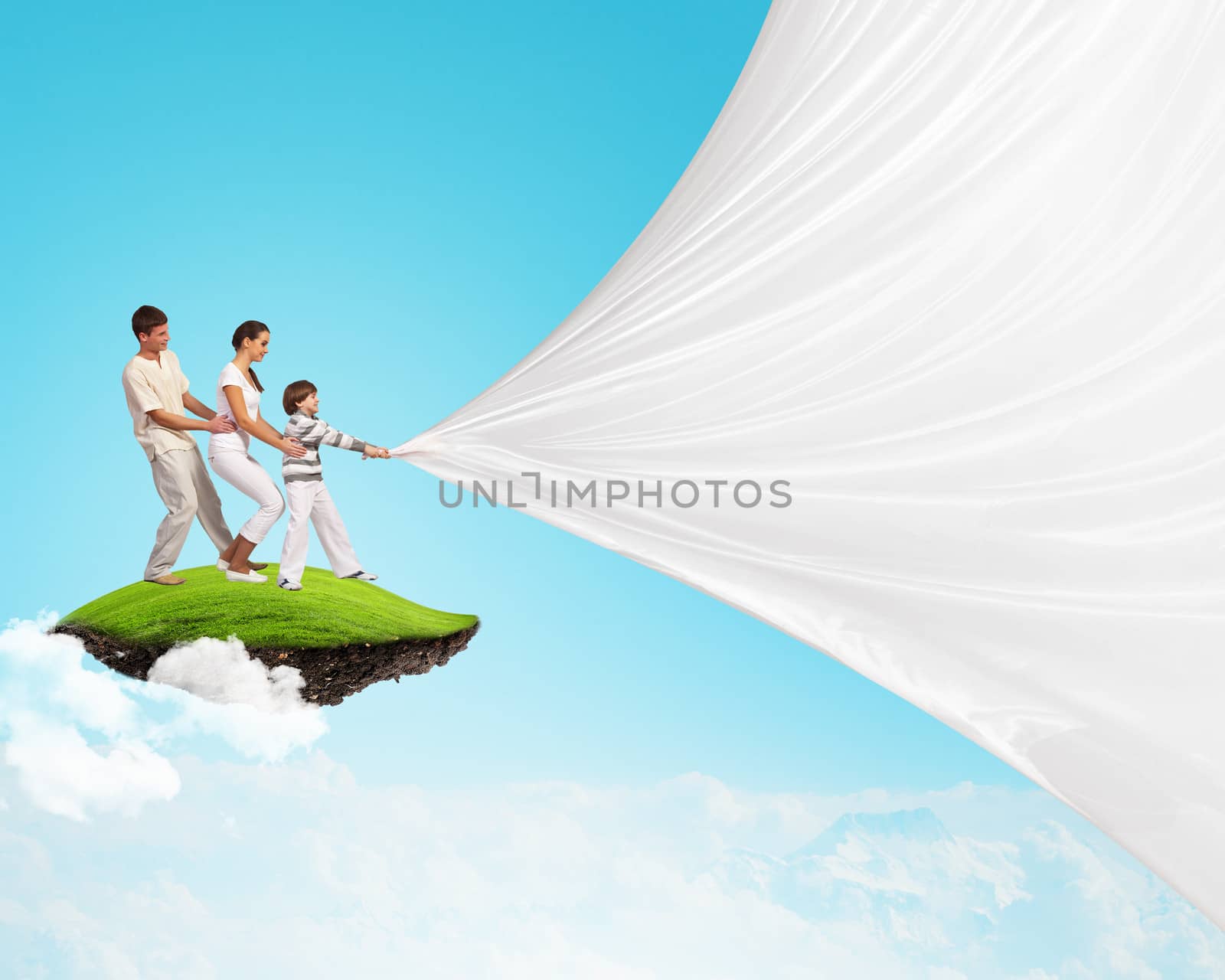 Young family pulling banner by sergey_nivens