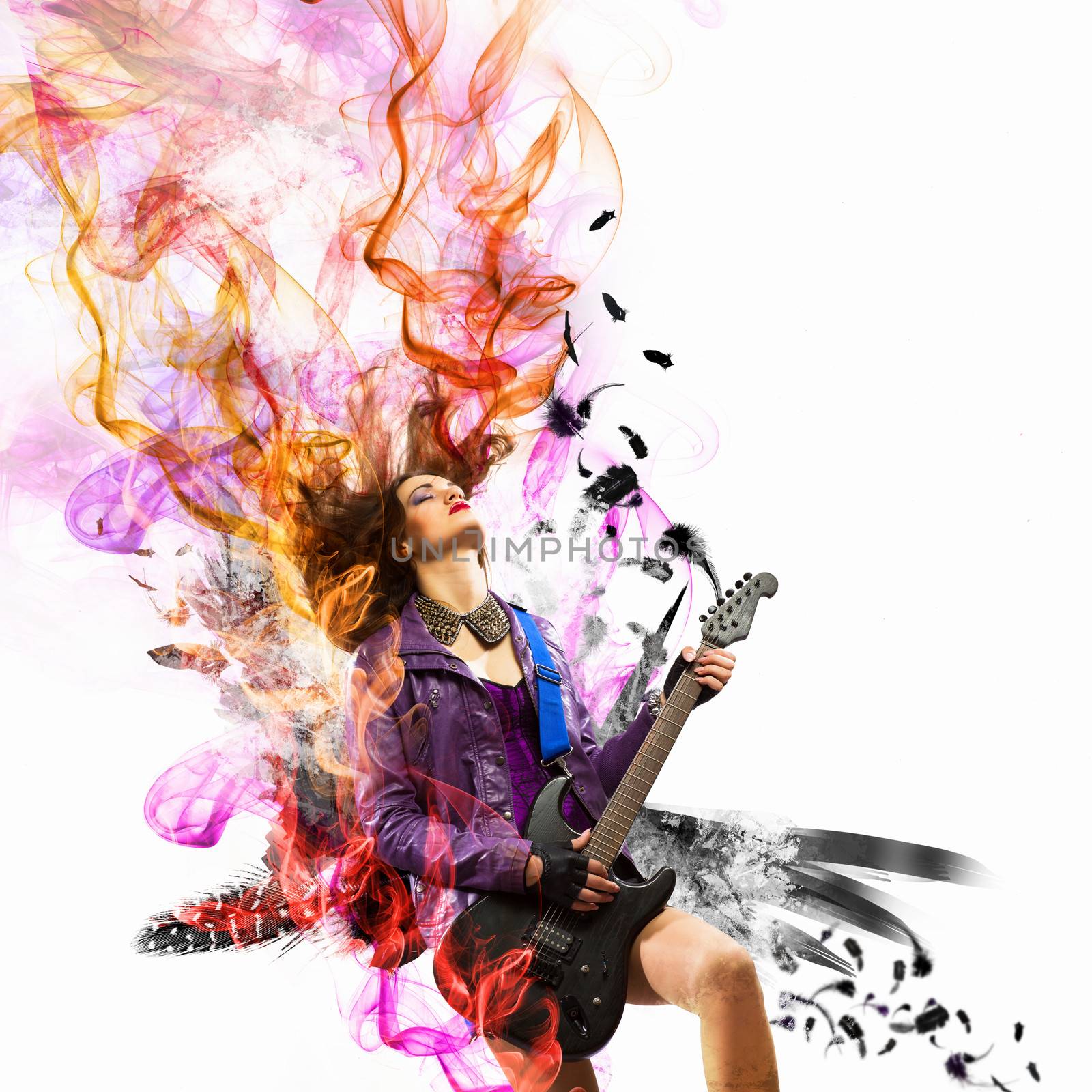 Young attractive rock girl playing the electric guitar