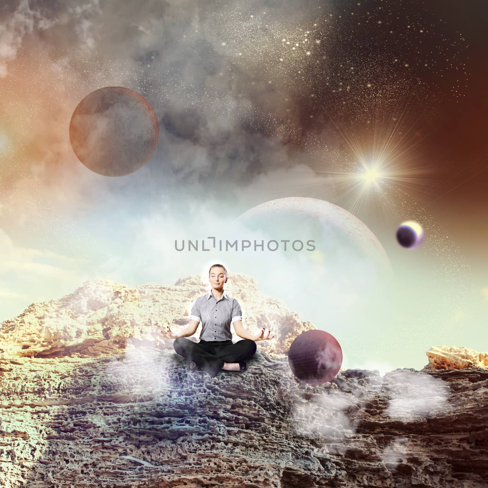 Businesswoman sitting in lotus flower position against space background