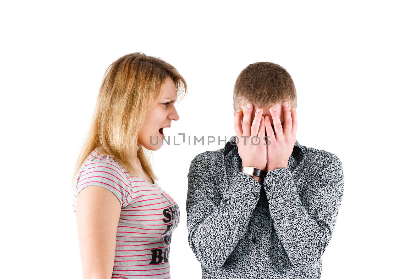 A woman shouts at the man. white background