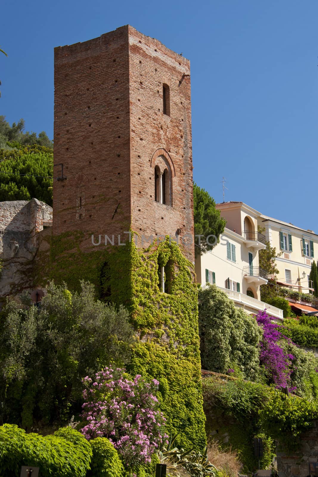 Medieval tower in the centre of the village of Noli in the ligurian riviera