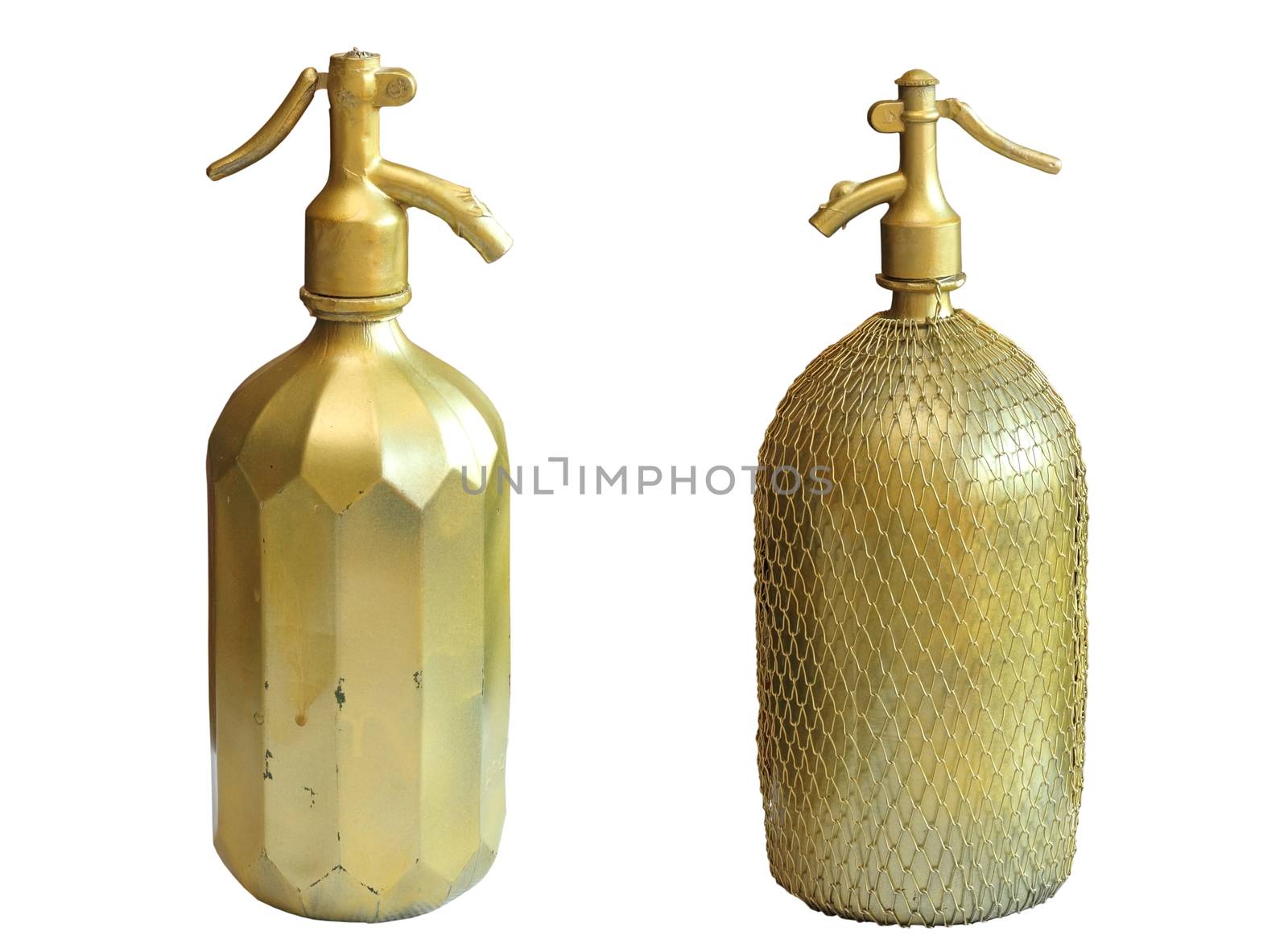 ancient copper bottles for sparkling water isolated over white background