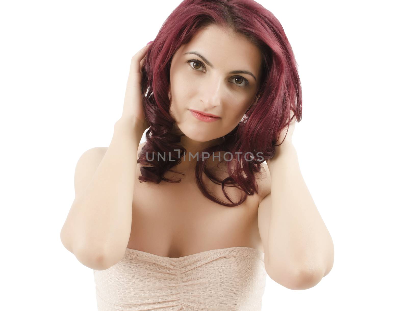 Attractive red hair women looking at camera on white background