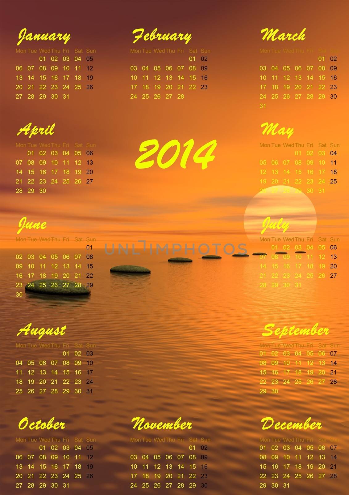 2014 calendar and grey stones steps upon ocean going to the sun by sunset in background