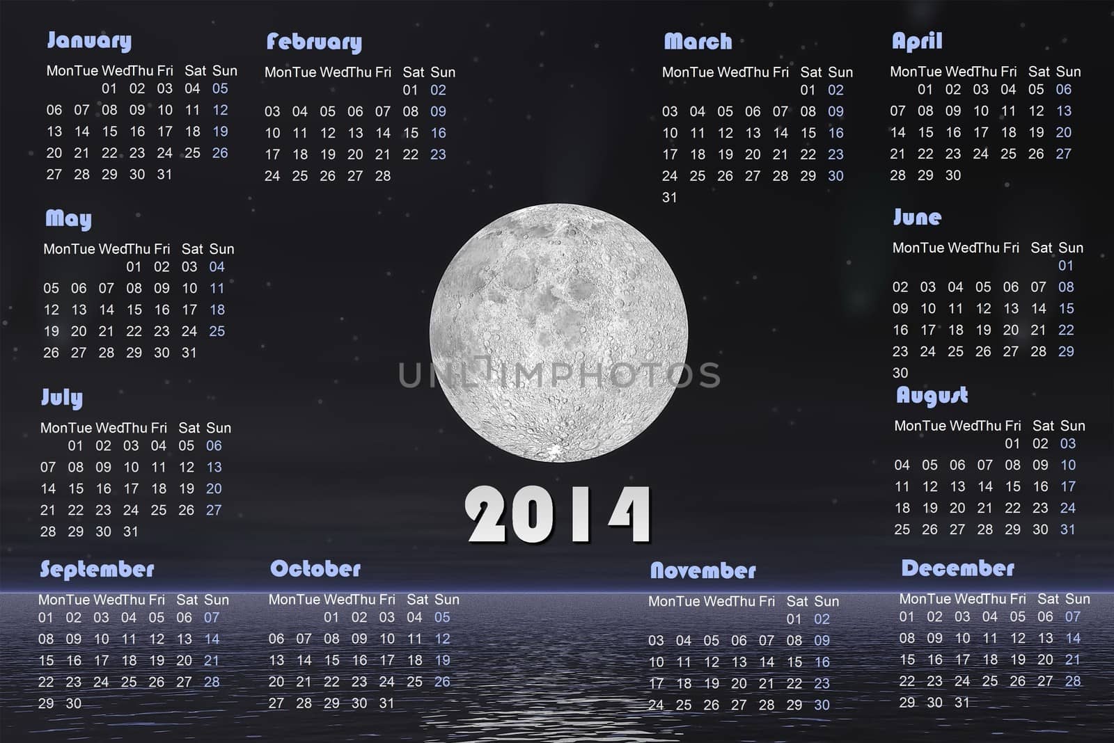 2014 calendar with comets and full moon -3D render by Elenaphotos21