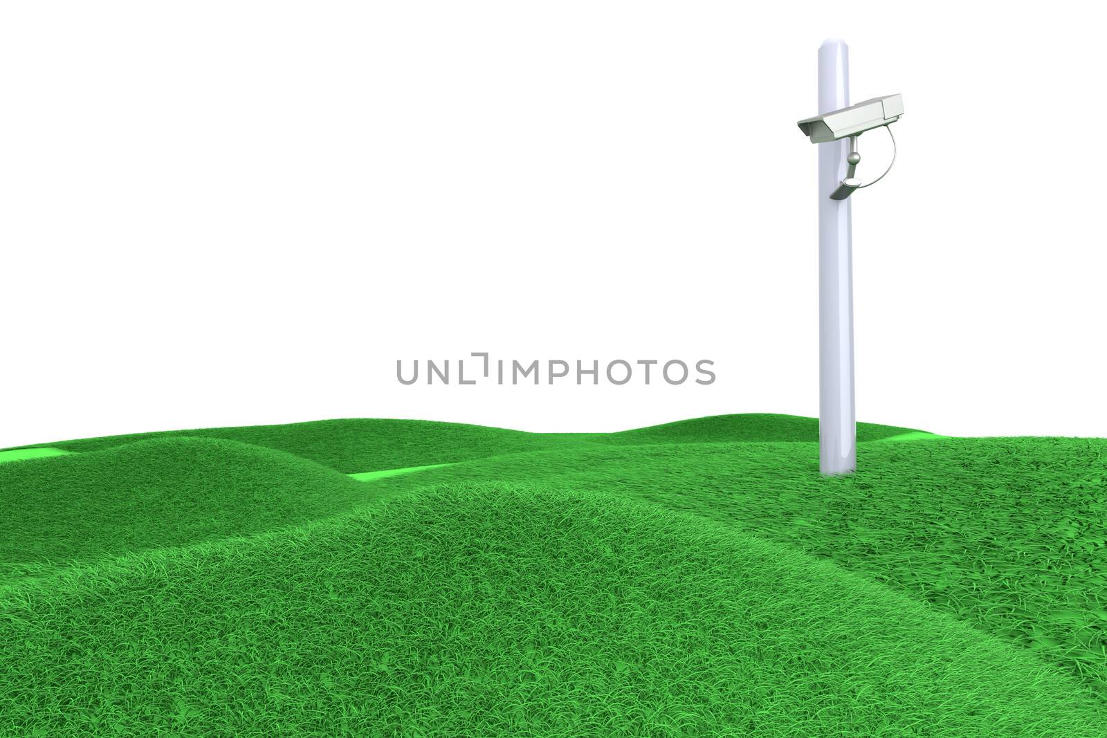 A CCTV surveillance cam on green hills. 3D rendered Illustration.  