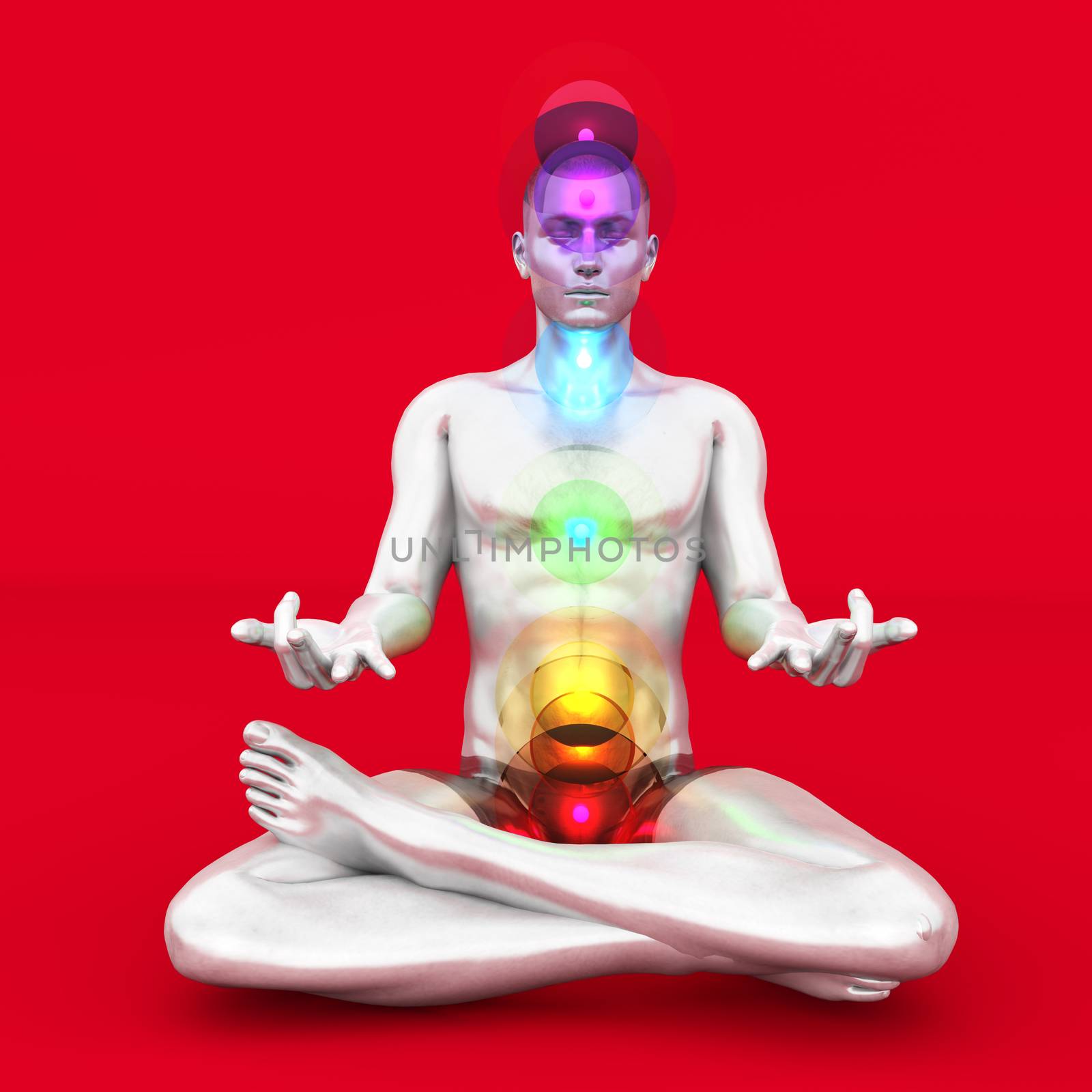 A woman performing a full chakra meditation. 3D rendered illustration. 