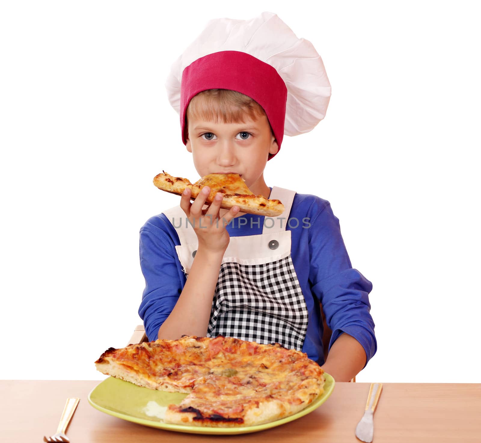 hungry boy chef eat pizza by goce