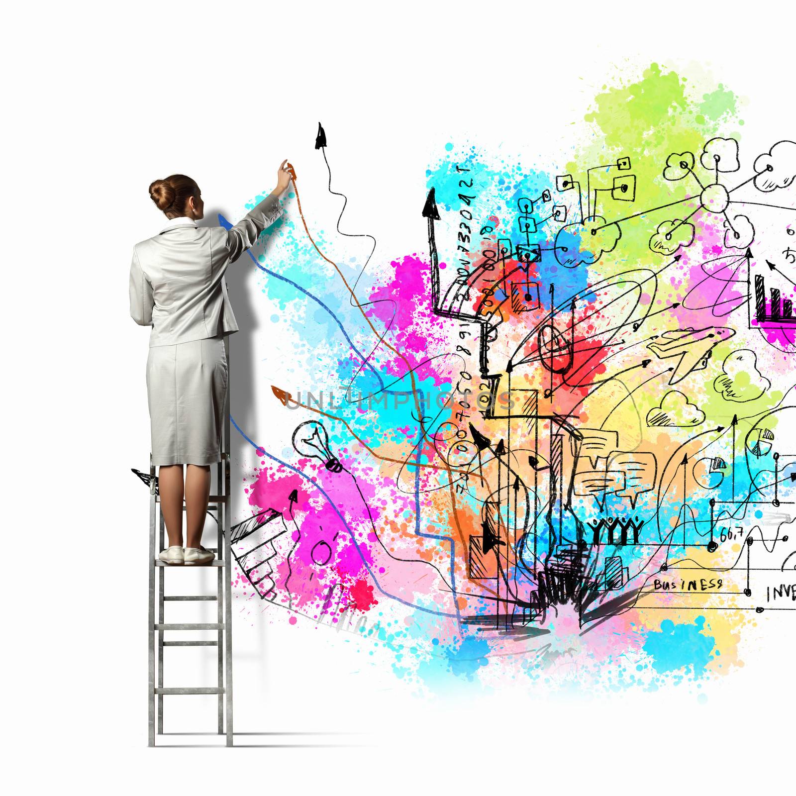 Back view of businesswoman drawing colorful business ideas on wall