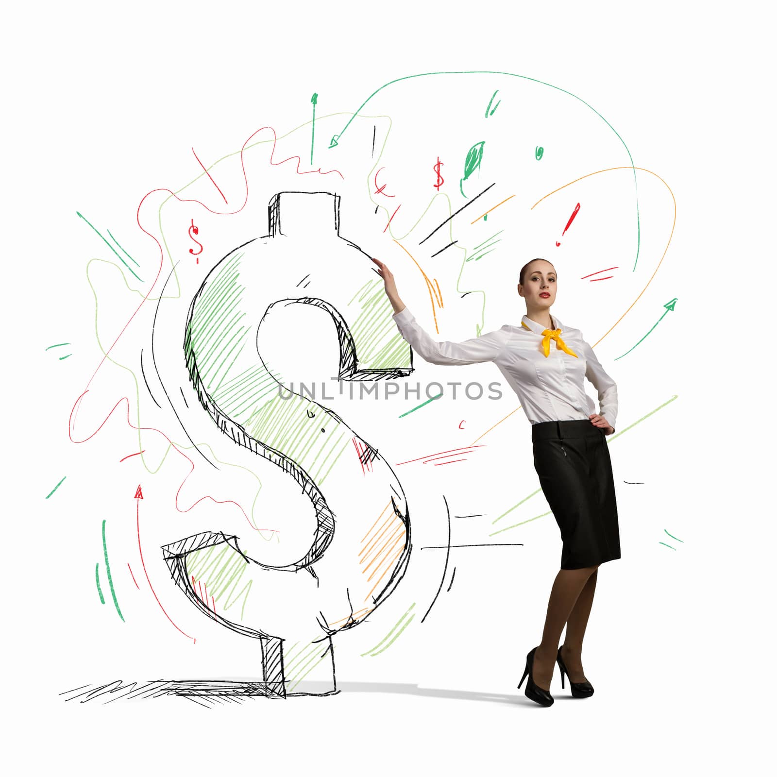 Businesswoman leaning on dollar sign by sergey_nivens