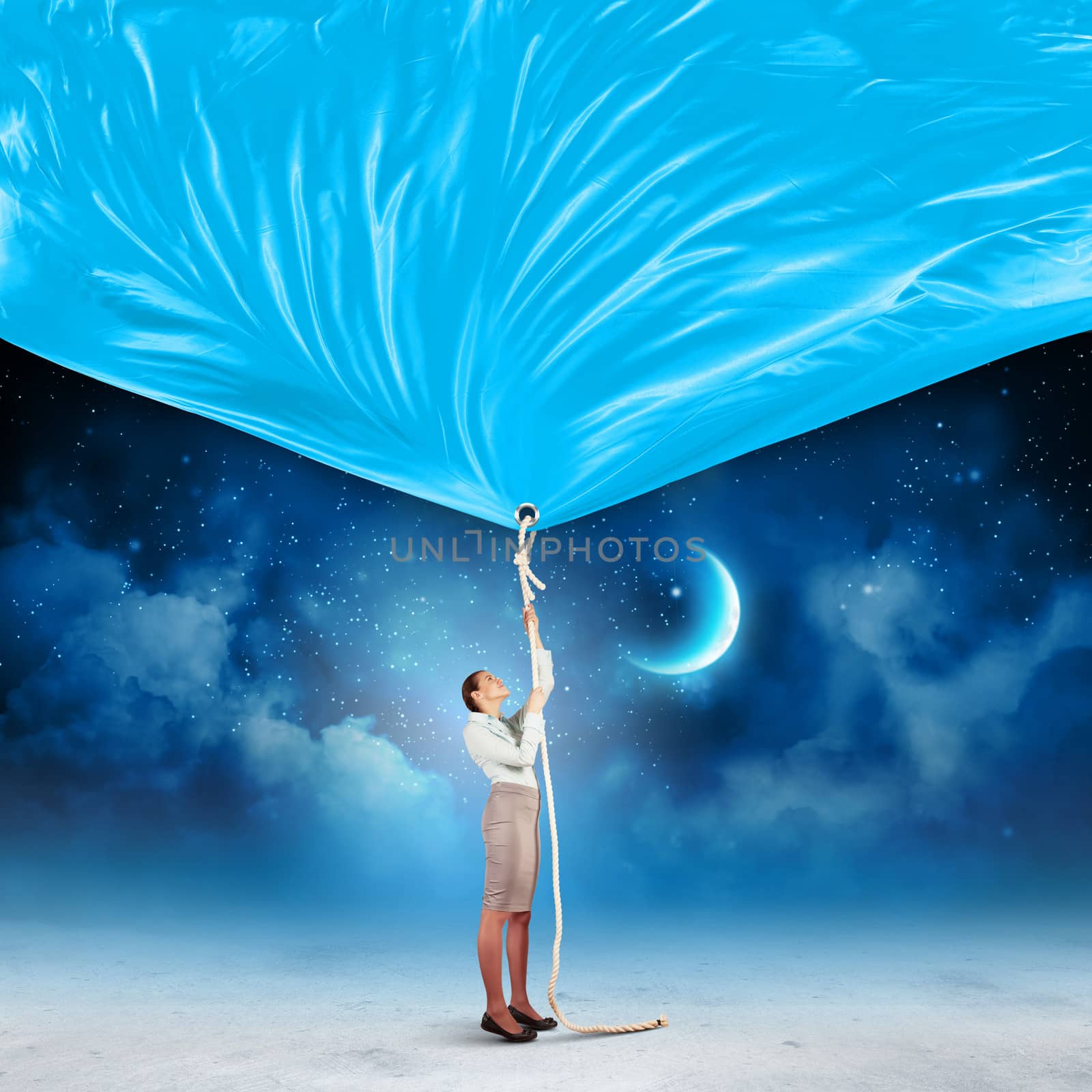 Image of businesswoman pulling banner with illustration. Day and night concept