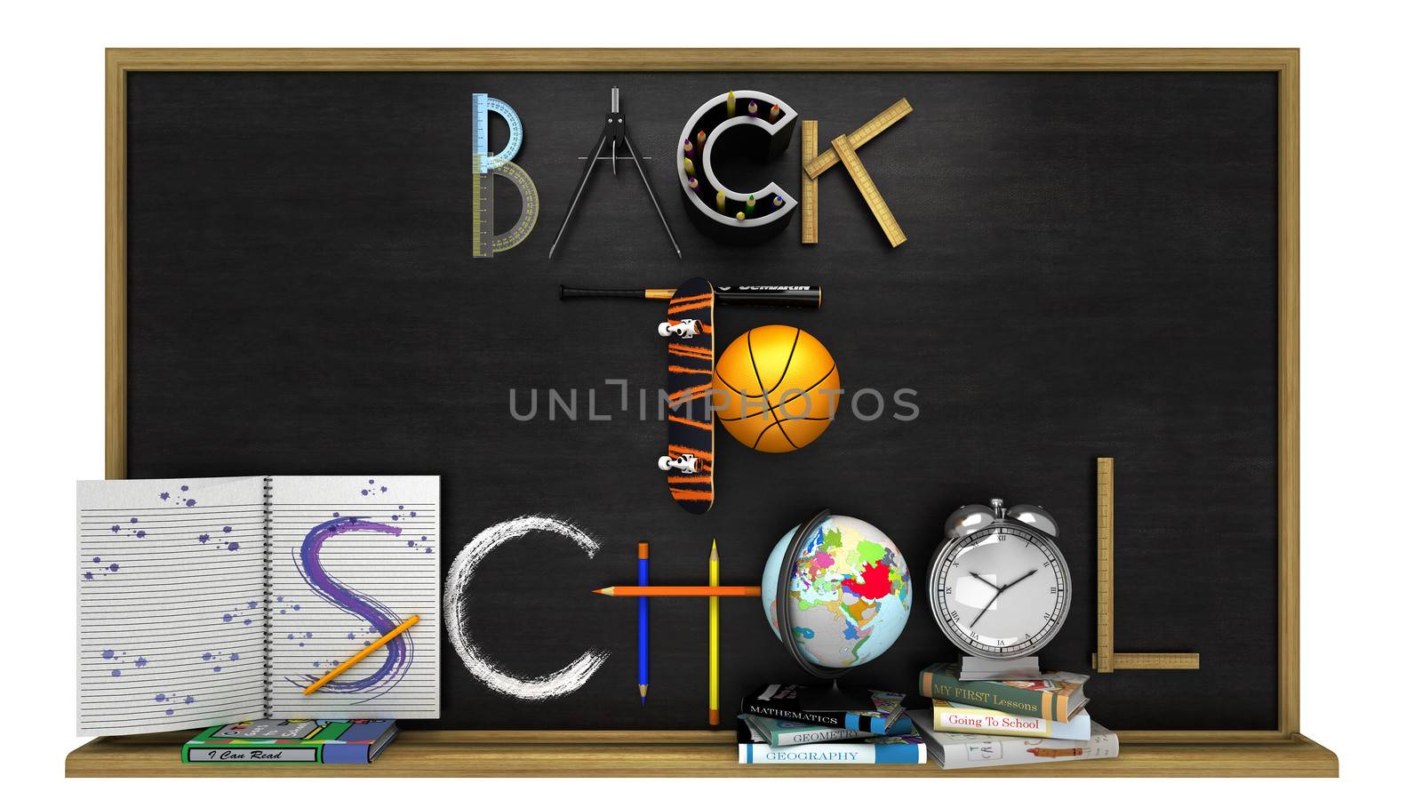 Back to school poster with text on chalkboard,sports and education elements by denisgo