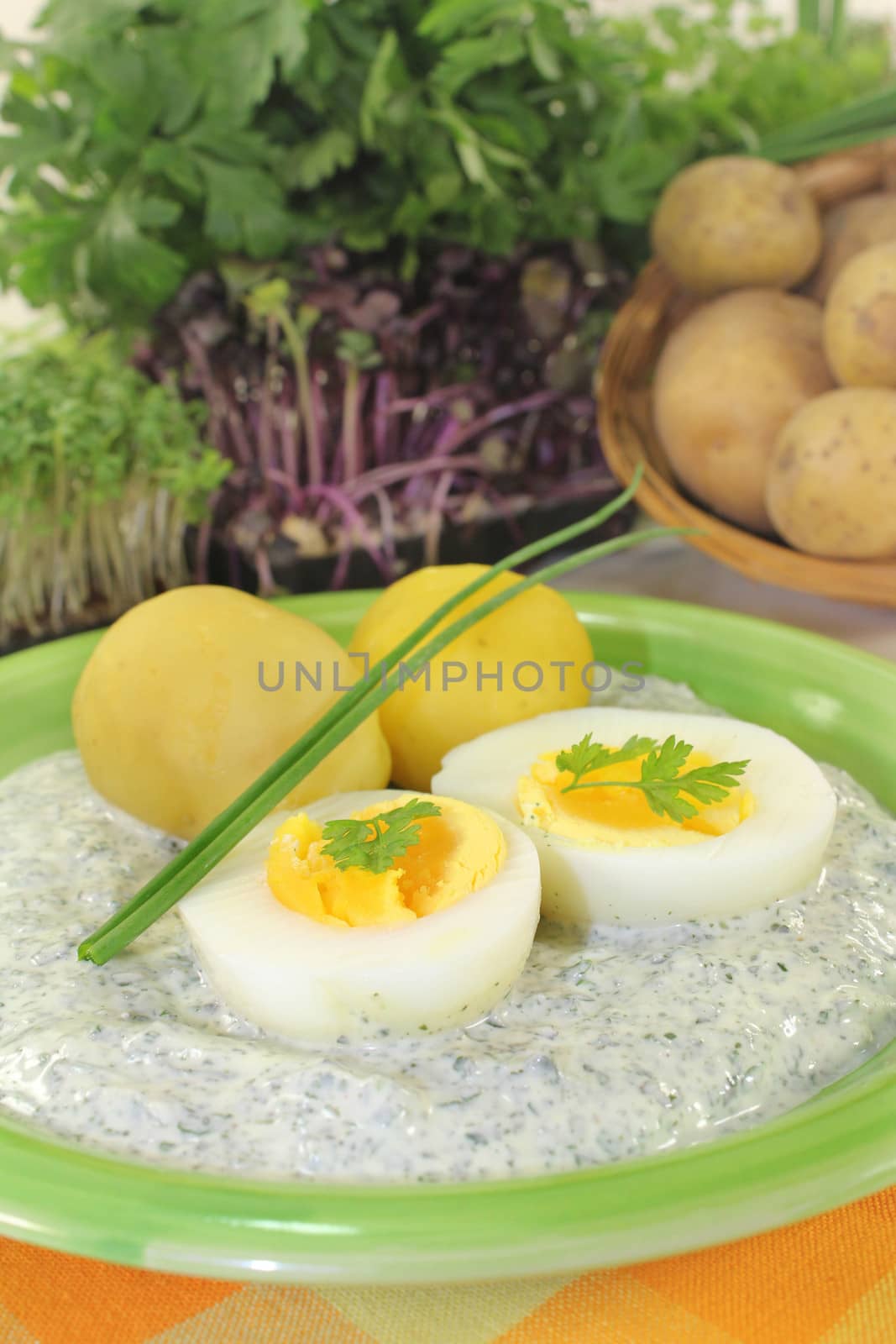 Frankfurt green sauce with halved boiled eggs