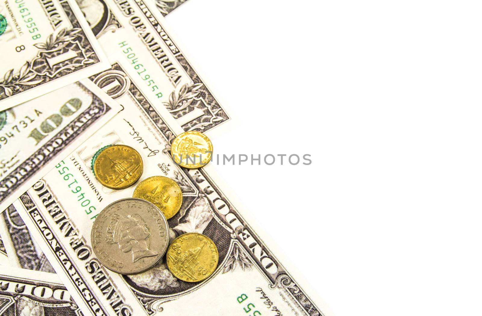 US Dollar bill and coin  isolated on white background