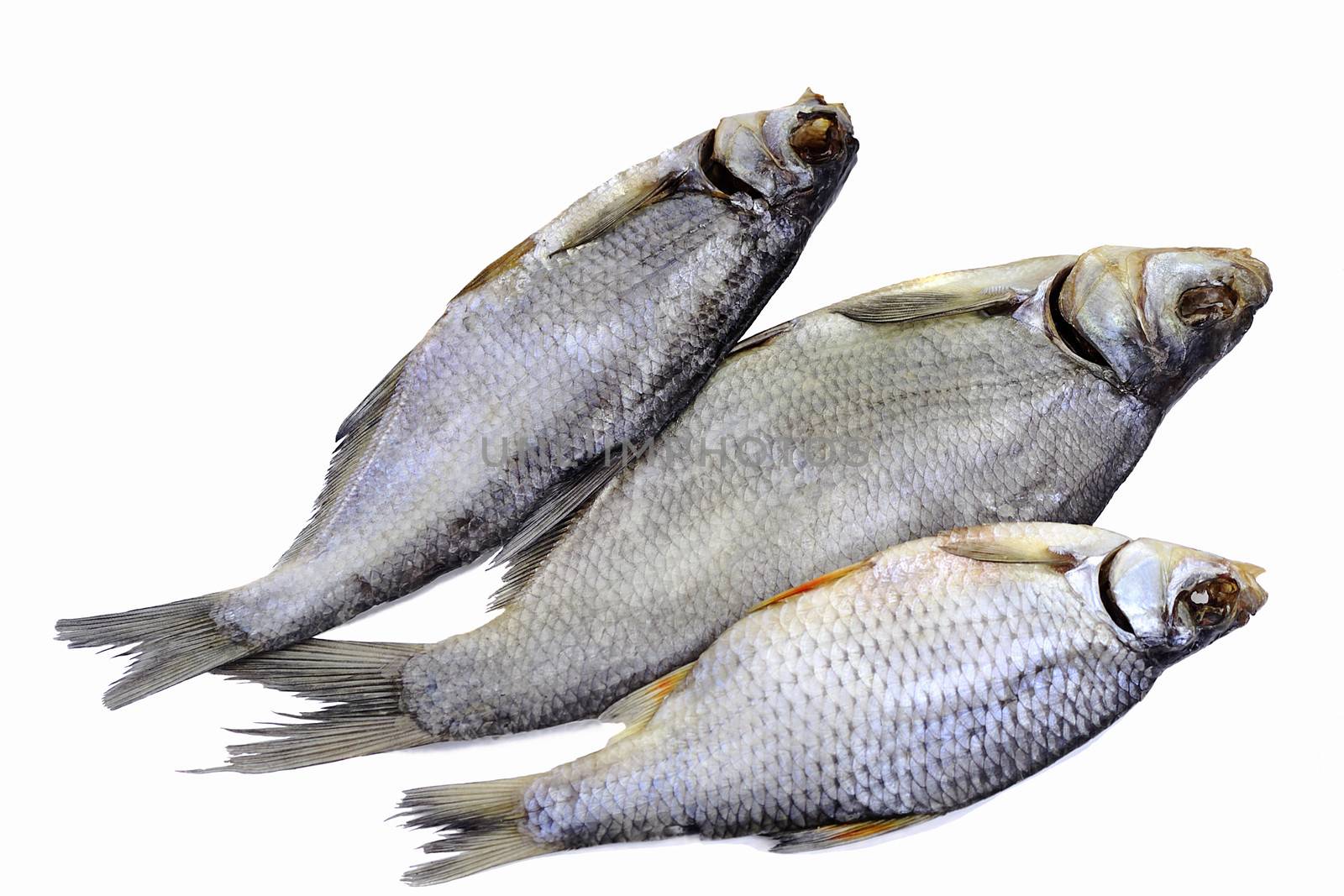 Three river fish, salted and dried . Presented on a white background.
